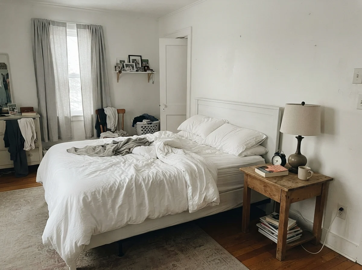 Bedroom with unmade white bedding and wood nightstand under cool early morning light