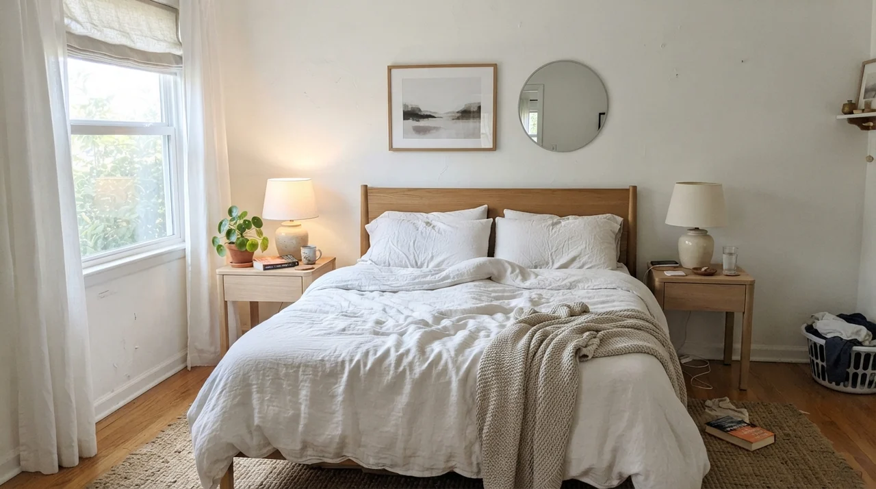 Main bedroom with white linen bedding, light oak nightstands, and crisp white walls