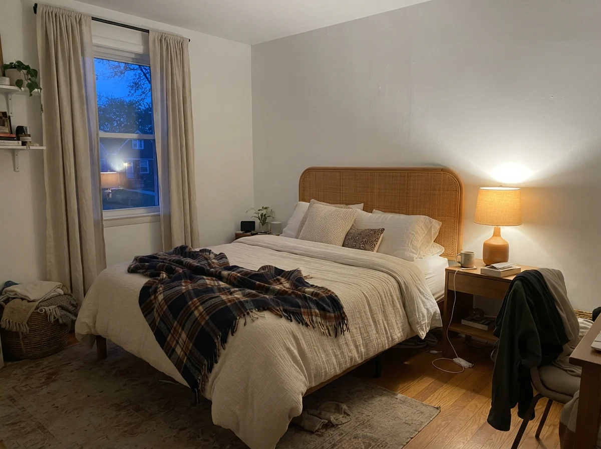 Bedroom at dusk with a warm table lamp glowing against white walls and a rattan headboard