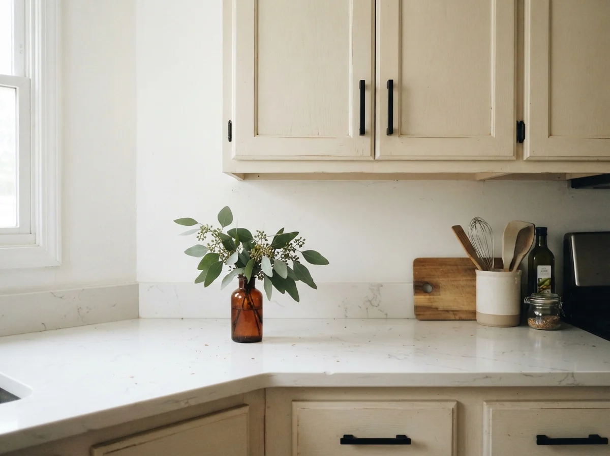 Close-up of white shaker cabinets with matte black handles and white quartz counter