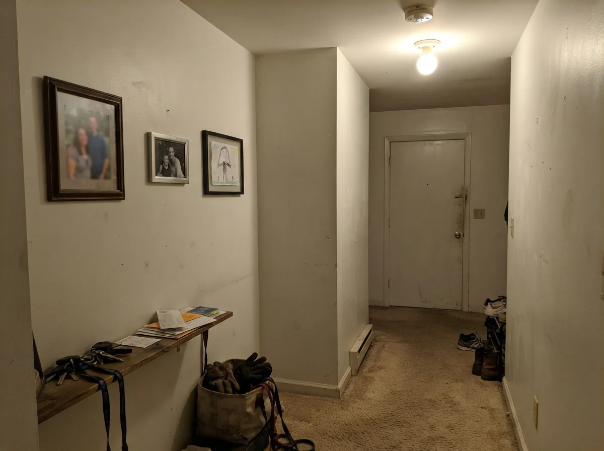 Windowless hallway corner under dim bulb light showing flat, drab, putty-like painted white wall