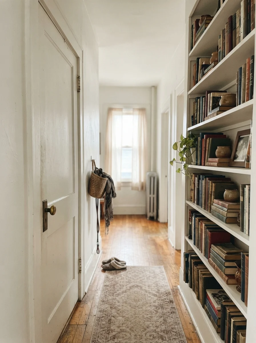 Hallway with two-panel interior door and built-in bookshelf painted white against cream walls