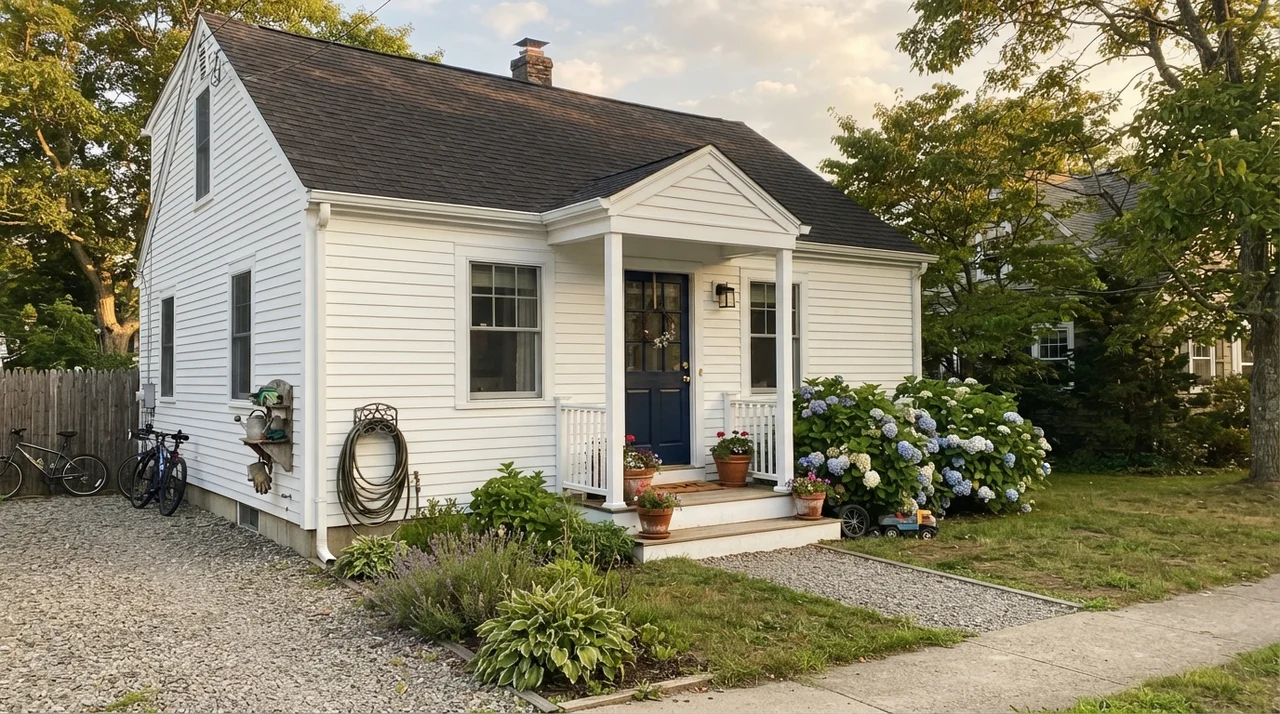 House exterior with horizontal siding painted in pure white with navy front door and porch