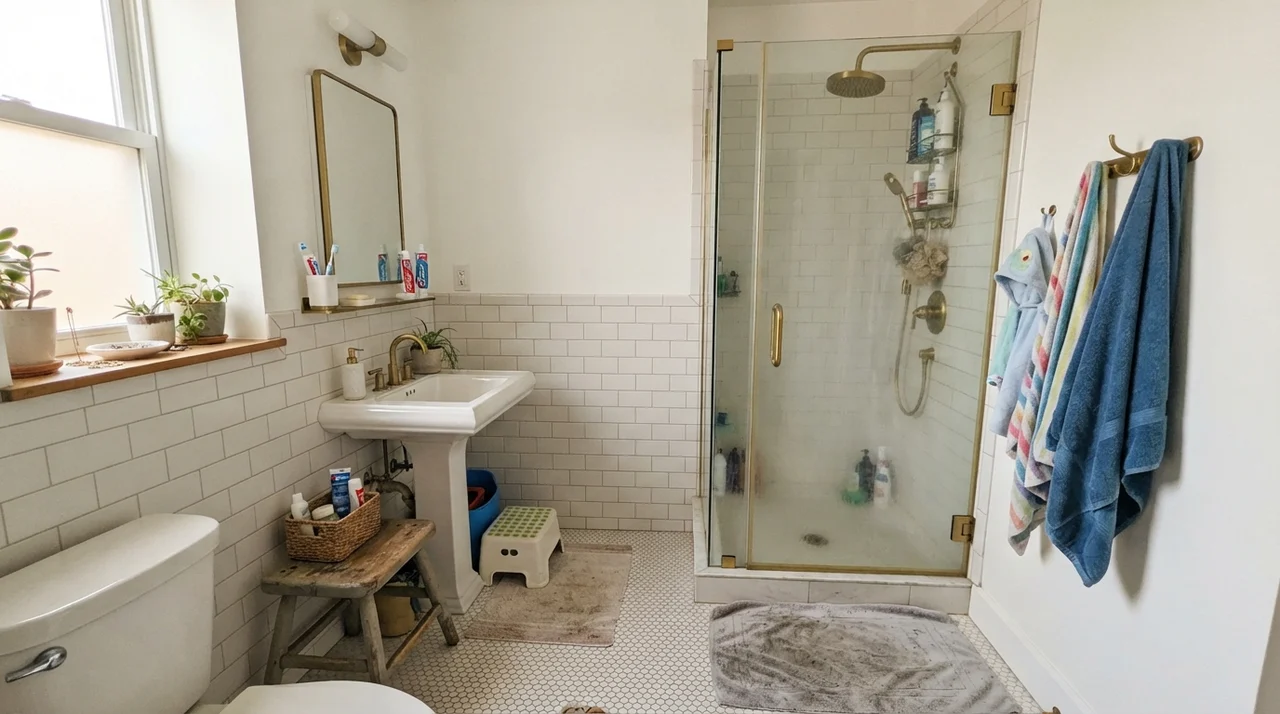 Family bathroom with white subway tile wainscoting, brass fixtures, and upper walls painted in clean white