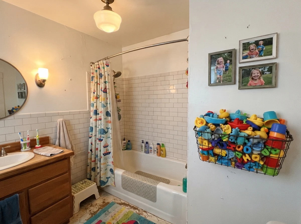 Kids bathroom with subway tile, bath toys in a basket, and bright white painted upper walls
