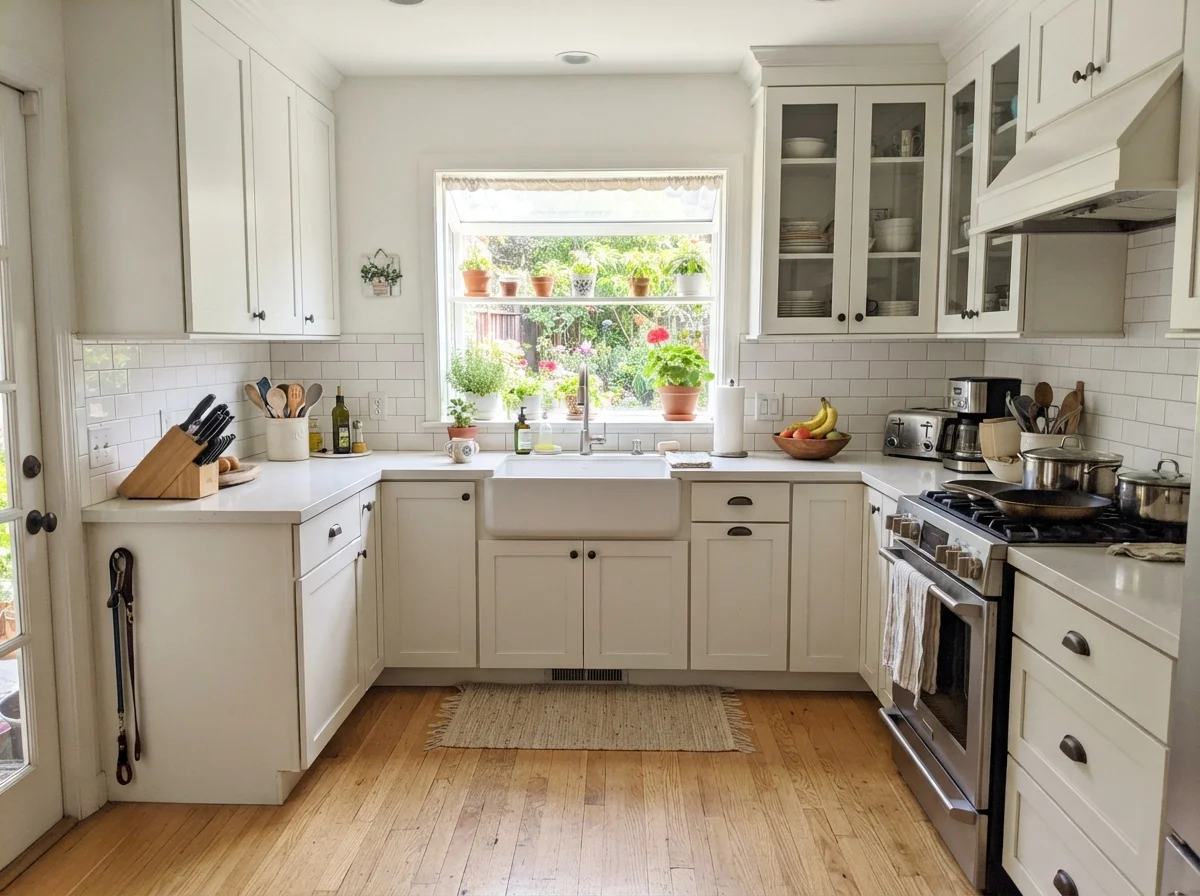 Kitchen shaker cabinets painted pure white with subway tile backsplash and oak flooring