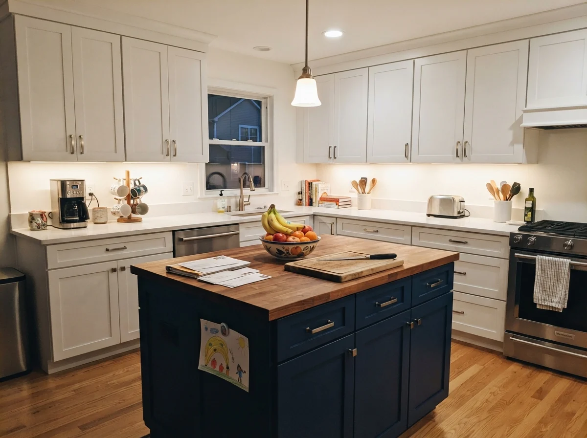 Family kitchen island painted in pure white surrounded by white cabinets and cream walls