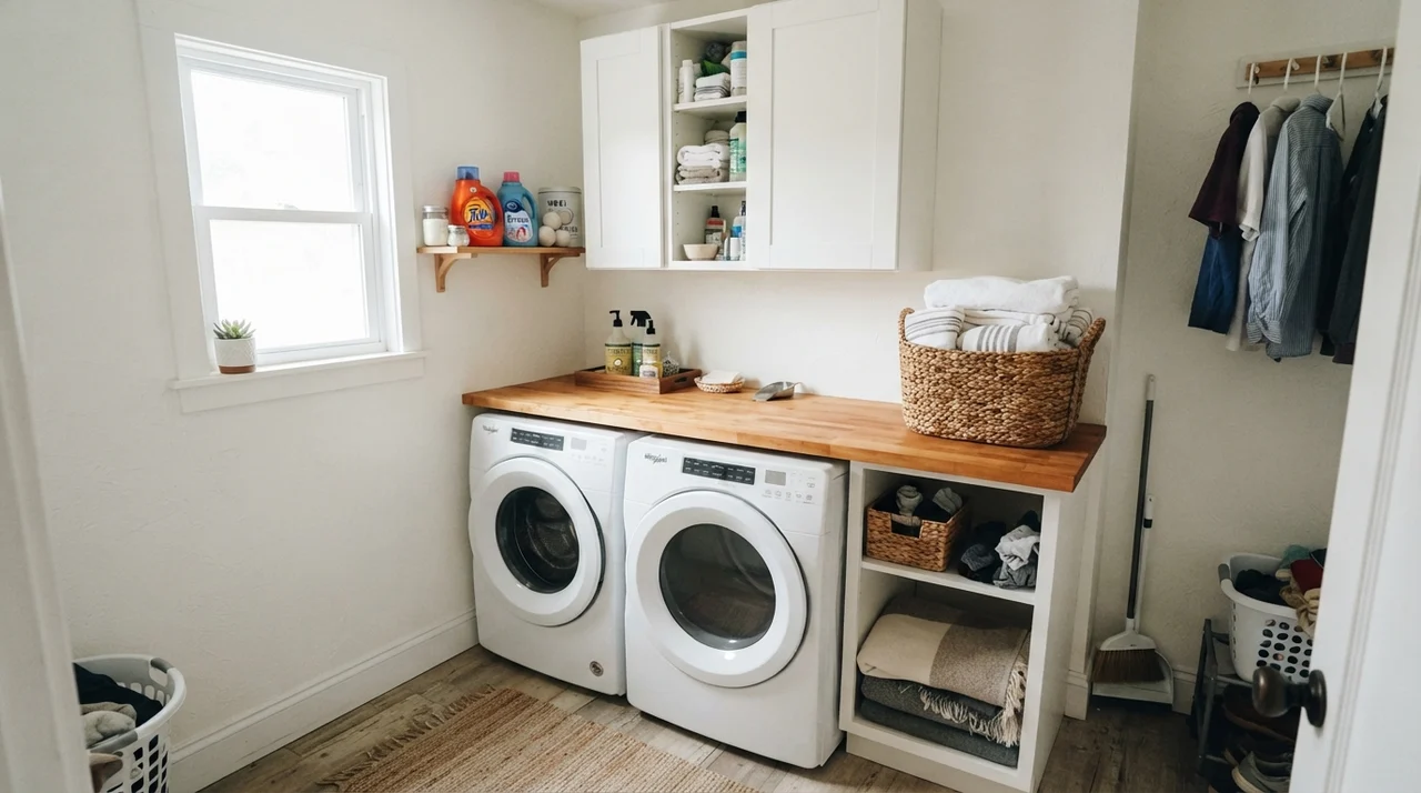 Small bright laundry room with white cabinets, butcher-block counters, and white painted walls