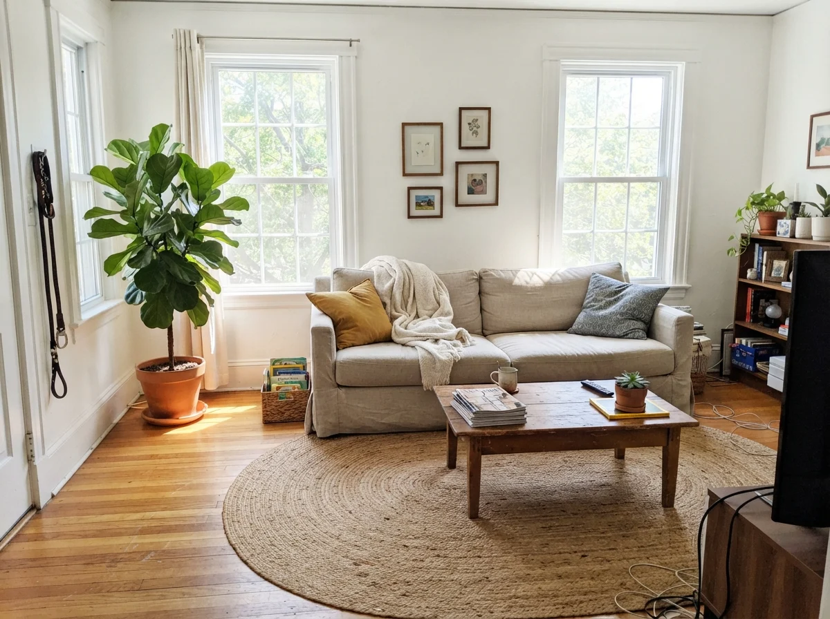 Sunny living room with linen sofa, jute rug, wood table, and bright white painted walls