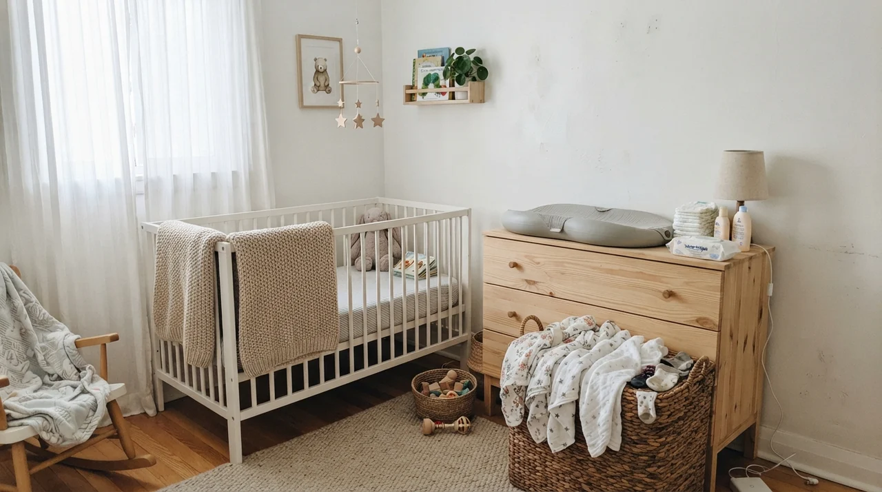 Nursery with white crib, light wood dresser, and painted white walls in diffuse daylight