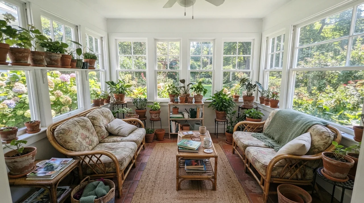 Bright sunroom with rattan furniture, terracotta pots, and painted white walls between windows