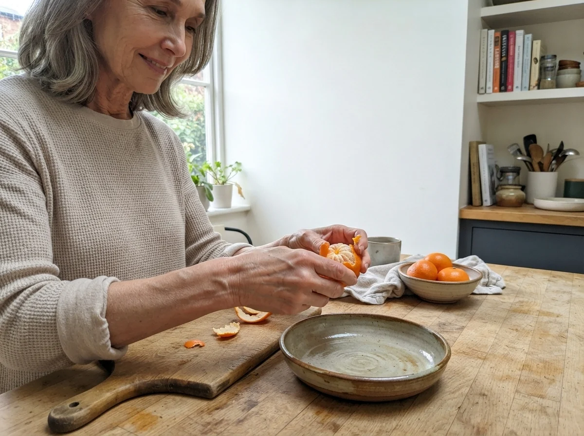 Susan Hartley at the kitchen island peeling a clementine against light-drenched Ultra Pure White walls