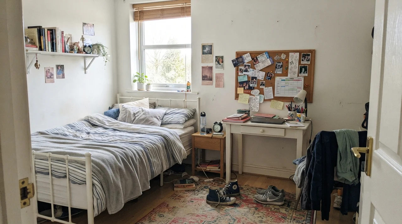 Teenager bedroom with metal bed frame, small white desk, bookshelves, and painted white walls