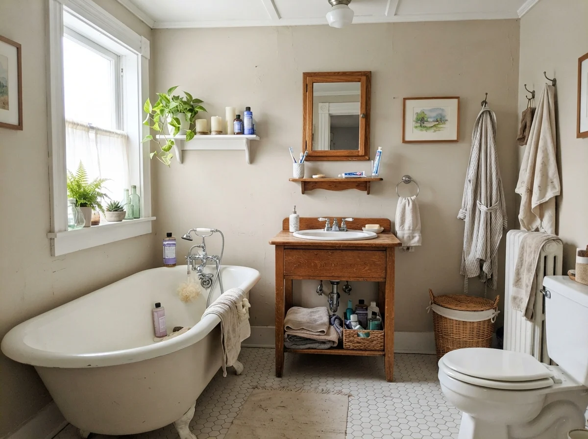 Cottage bathroom with white clawfoot tub, white hex tile, warm oak vanity, and painted walls in bright morning light.
