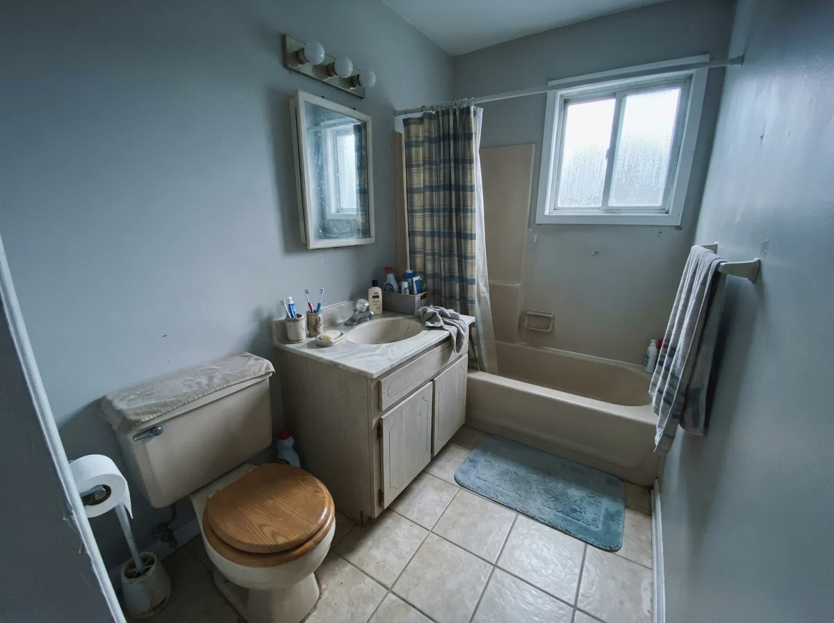 Modest bathroom with cool north light on painted walls, older beige vanity, toilet, and small window.