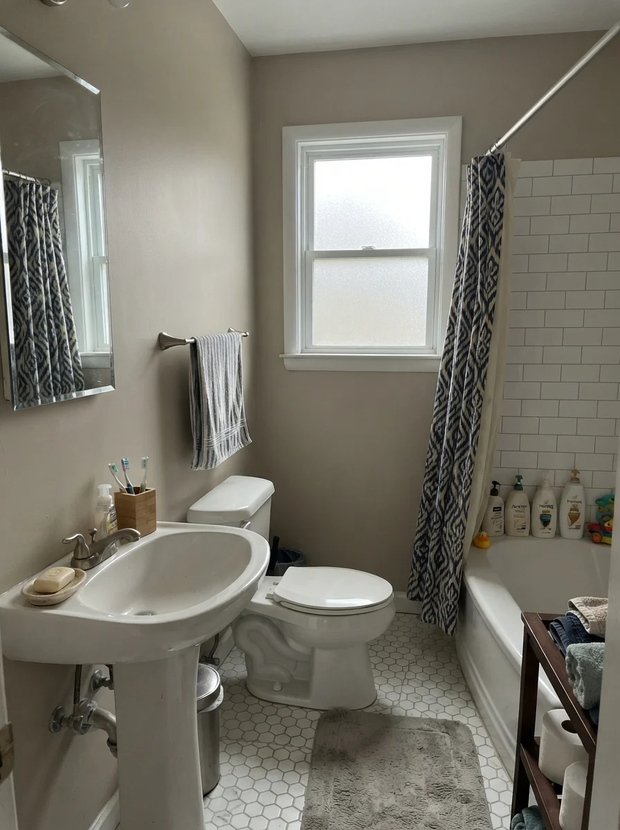 Small bathroom with painted walls reading muted and gray in flat overcast light, white fixtures, plain towel bar.