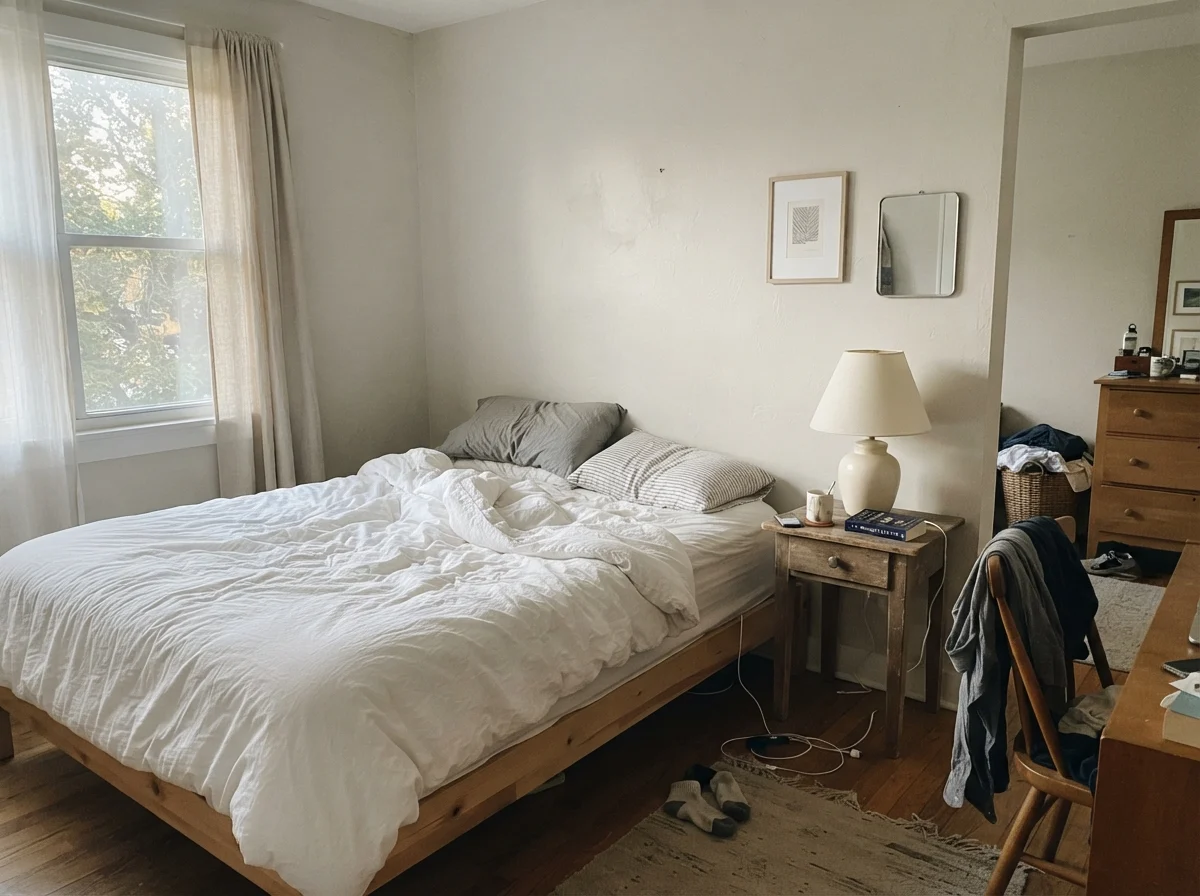 Simple bedroom with unmade white bedding, wood nightstand, and painted walls looking pale in cool morning light.