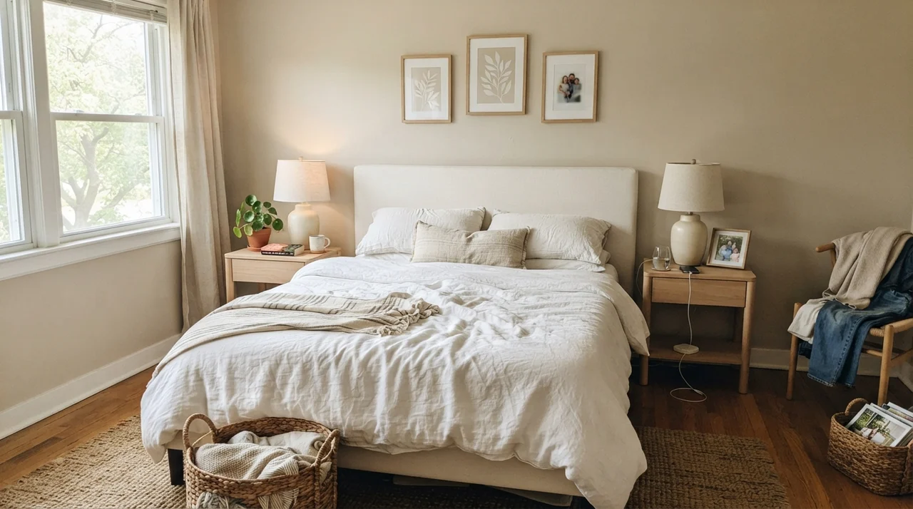 Serene main bedroom with painted walls, white linen bedding, pale oak nightstands, and ceramic lamps.