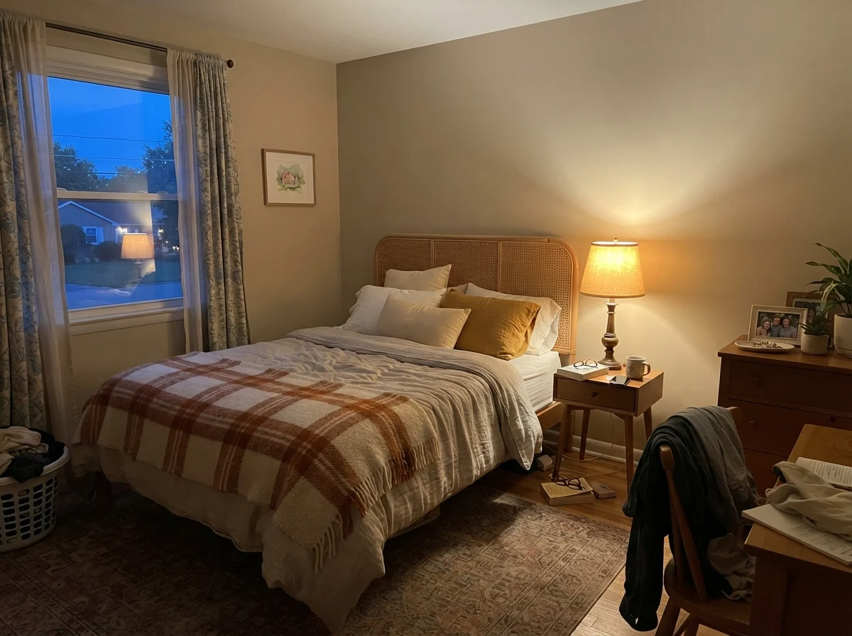 Bedroom at evening with warm lamp glow on greige painted wall, rattan headboard, and cozy blanket.