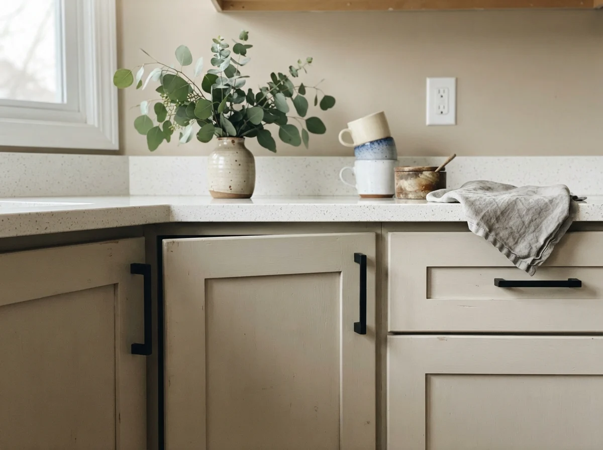 Close-up of greige shaker cabinet fronts with matte black hardware, white quartz counter, and eucalyptus vase.