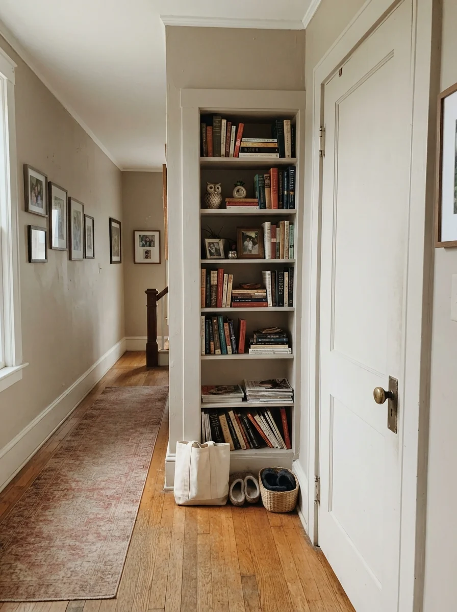 Hallway with painted door and built-in bookshelf in warm greige, brass doorknob, and wood floor.