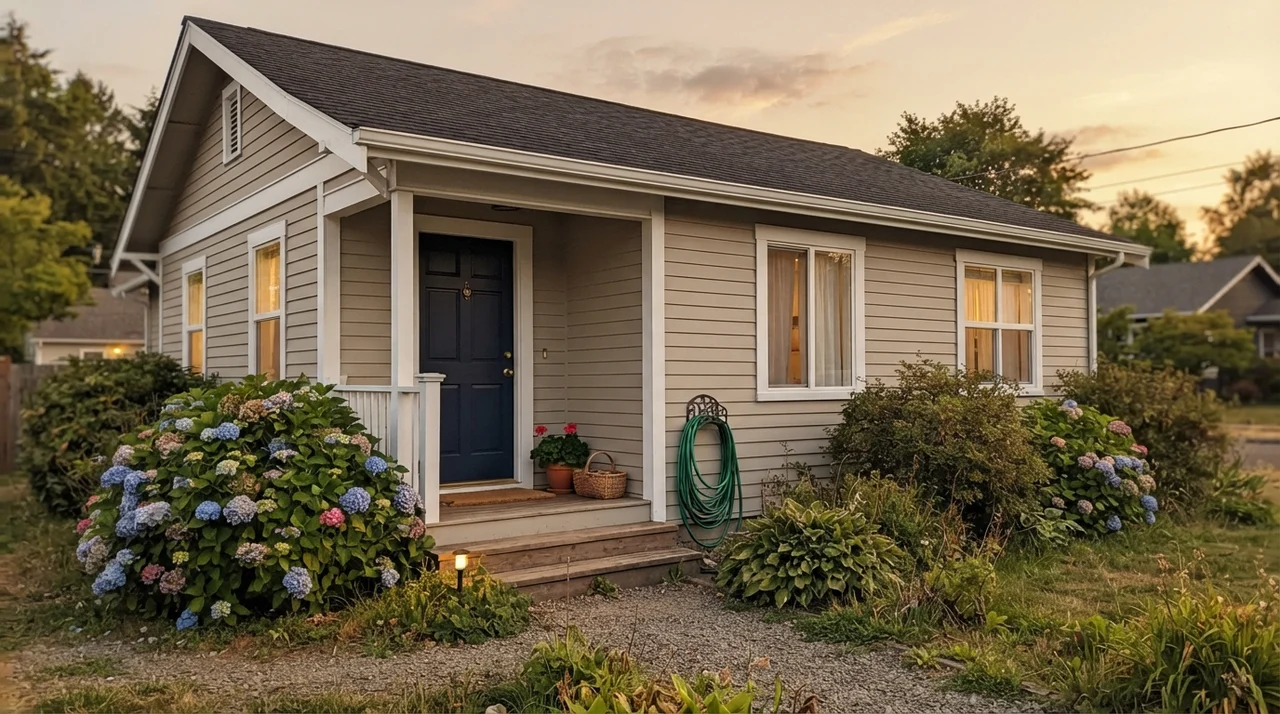 House exterior with horizontal siding painted warm greige, white trim, navy front door, and front porch.