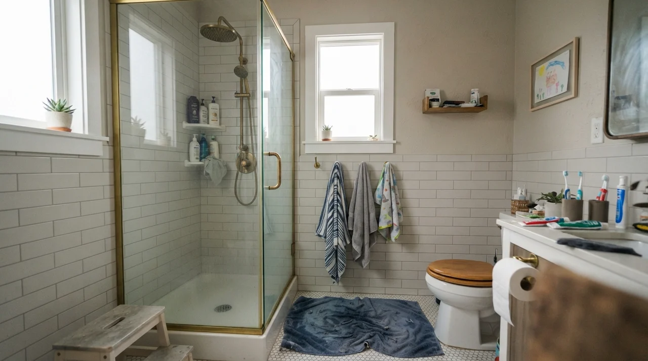 Family bathroom with upper walls painted warm greige above white subway wainscot, brass fixtures, and glass shower door.