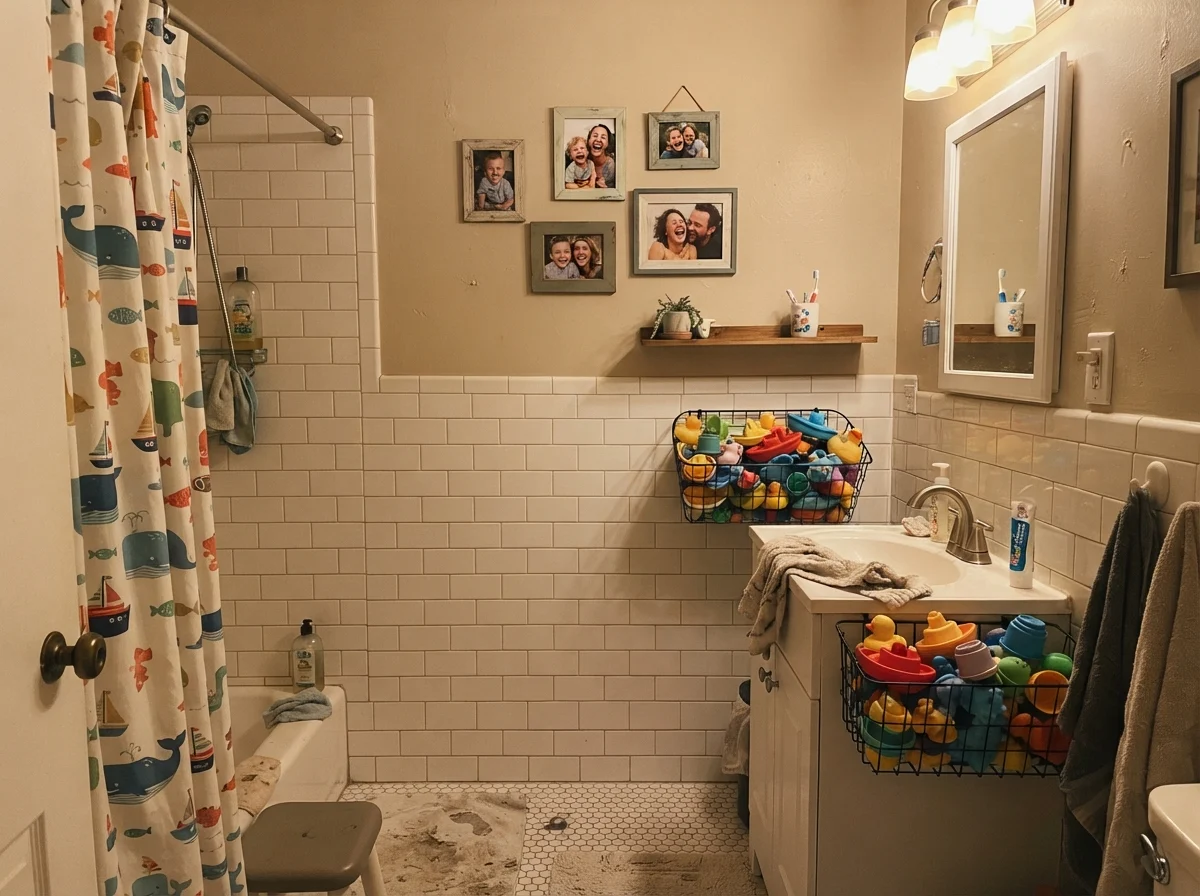 Kids' bathroom with painted walls over white tile, wire basket of bath toys, shower curtain, and framed photos.
