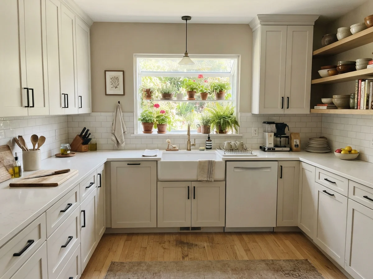 Kitchen shaker cabinets painted greige with white subway tile backsplash, white counters, and light oak floor.