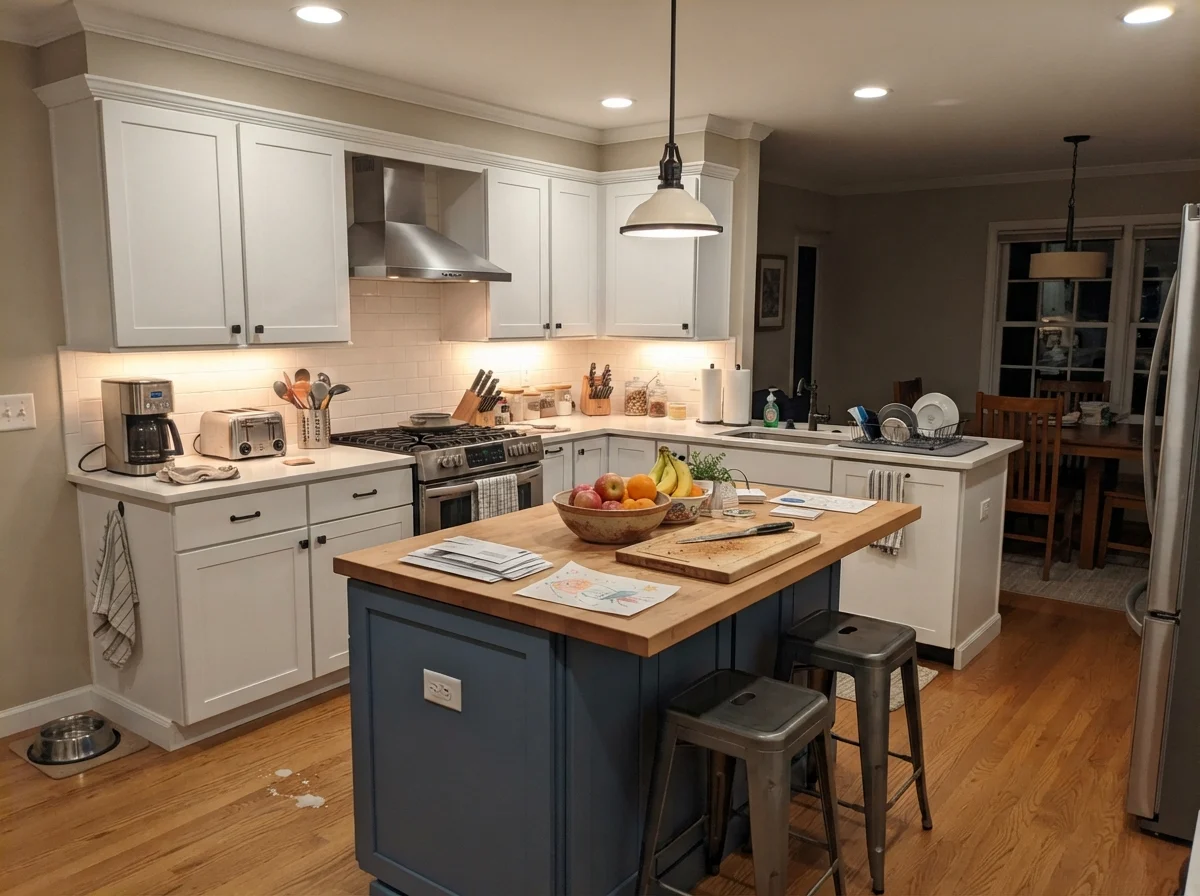 Kitchen island painted warm greige surrounded by white perimeter cabinets, cream walls, and fruit bowl.