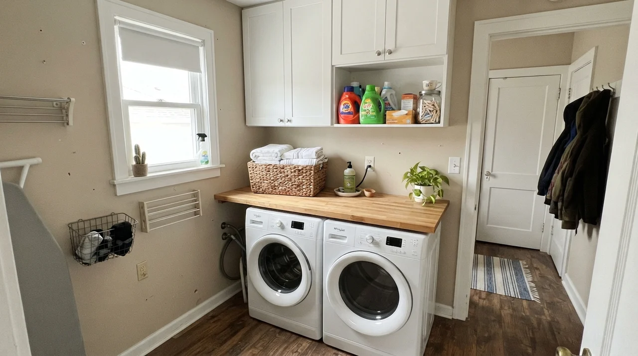 Compact bright laundry room with painted walls, white cabinets, butcher-block counter, and washer dryer.