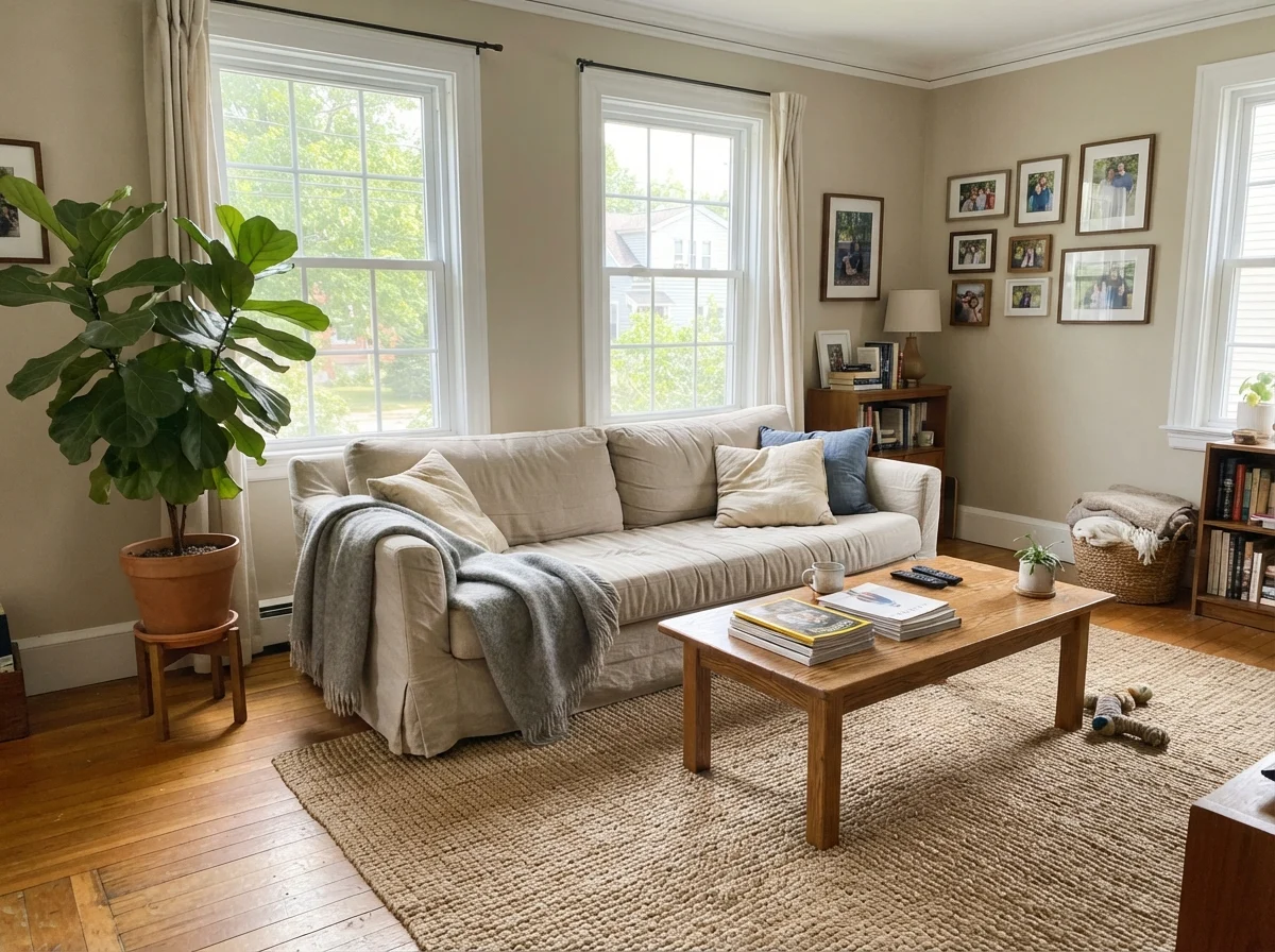 Living room with generous window light, linen sofa, wood table, jute rug, and painted walls.