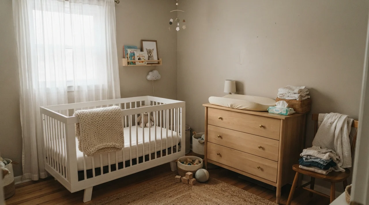 Nursery with painted walls, white crib with knit blanket, light-wood dresser, and woven basket.