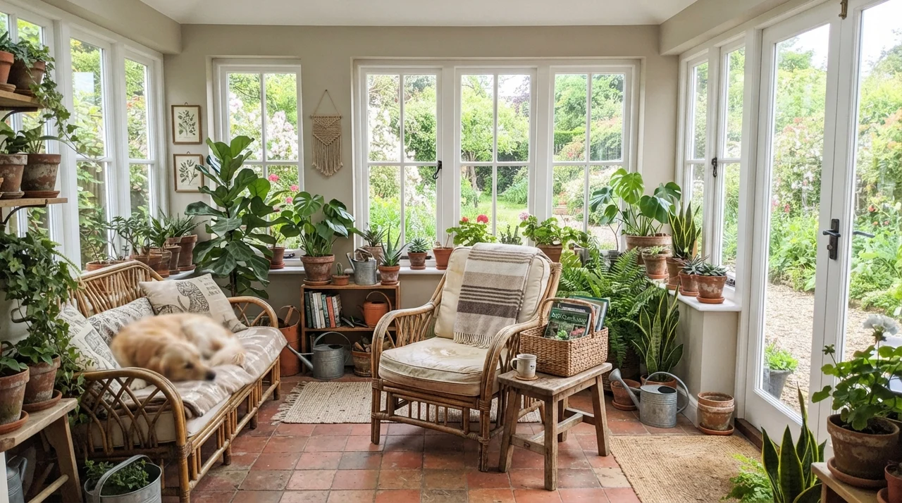 Sunroom with white-framed windows, rattan furniture, plants in terracotta pots, and painted walls.