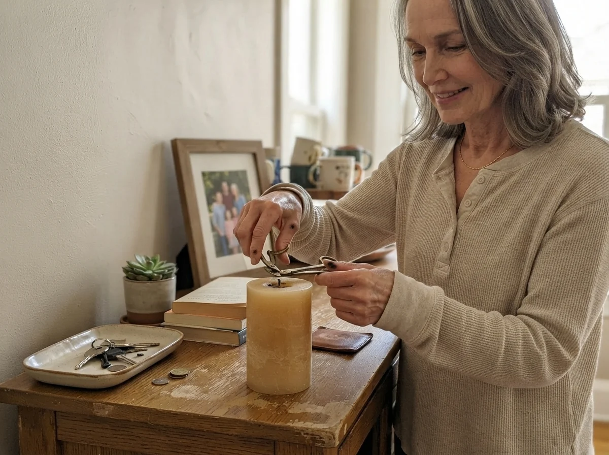 Susan Hartley trimming a candle wick at an oak console table against warm greige walls.