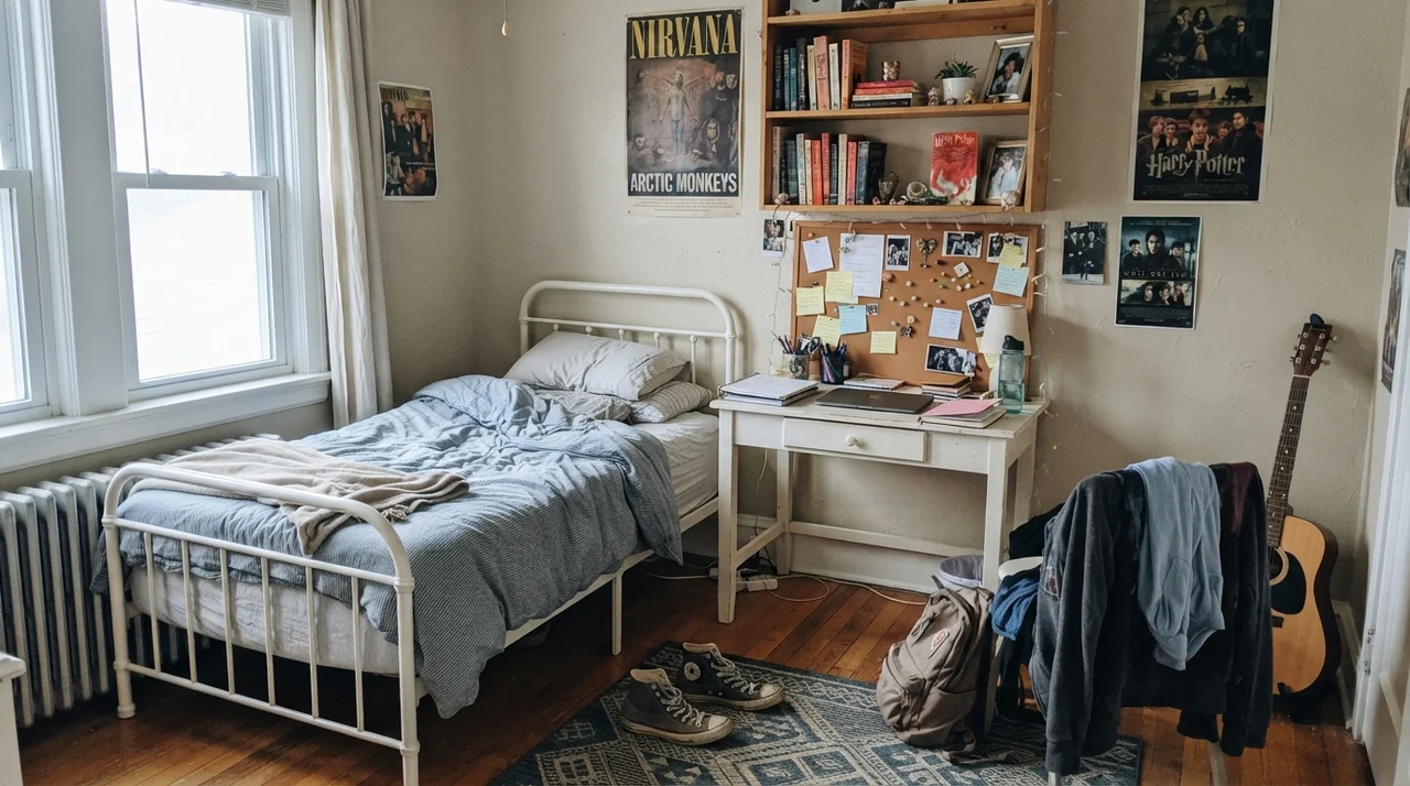 Teenager's bedroom with painted walls, white metal bed frame, small desk, corkboard, and bookshelves.