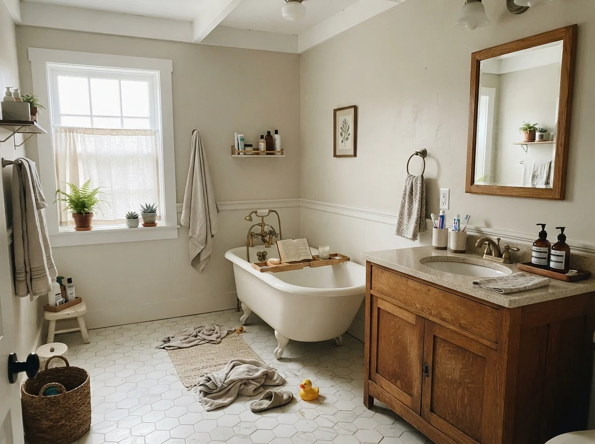 Cottage bathroom with Baby Fawn walls, white clawfoot tub, and oak vanity.
