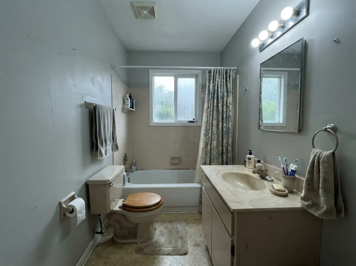Older modest bathroom in cool north light with Baby Fawn walls showing a cool cast.