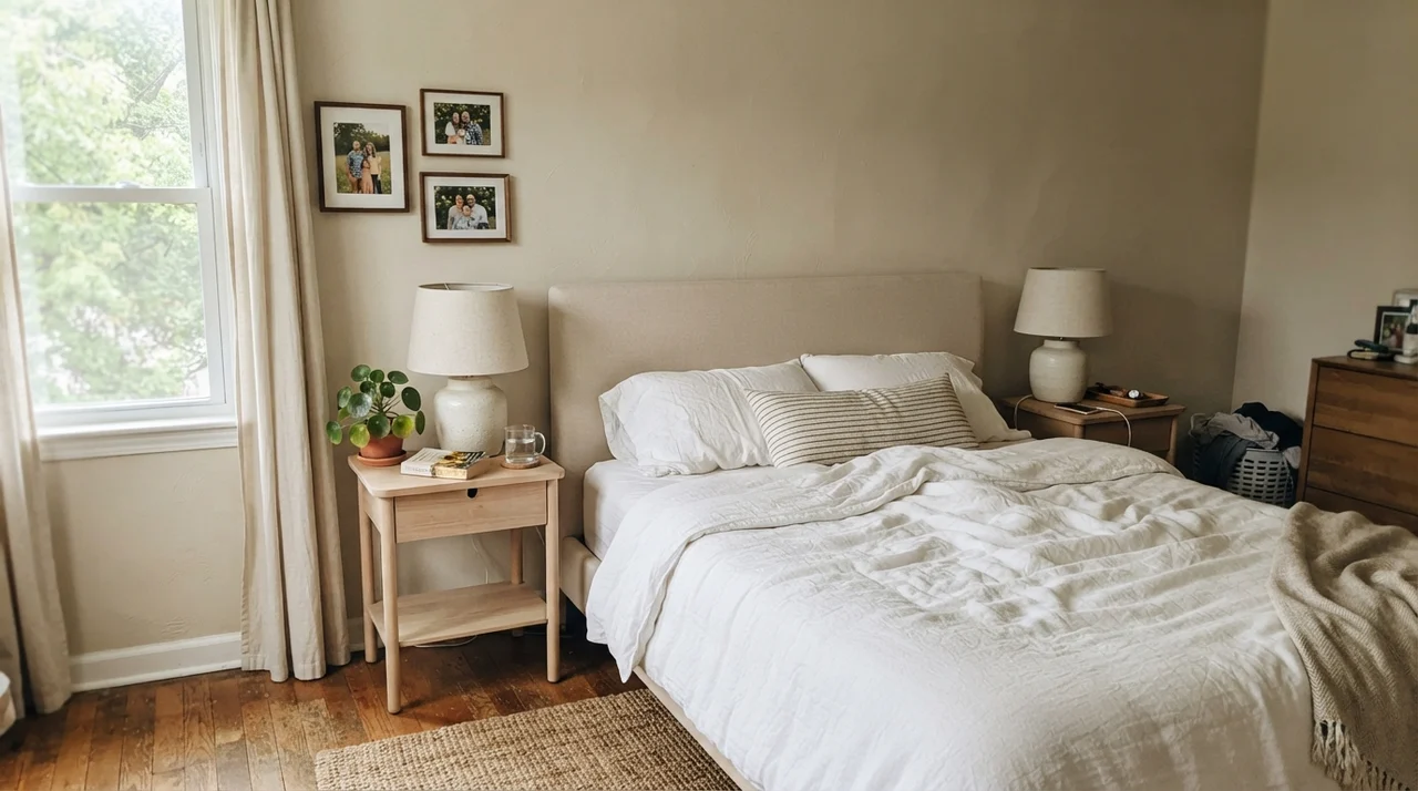 Serene main bedroom with Baby Fawn walls, white linen bedding, and pale oak furniture.