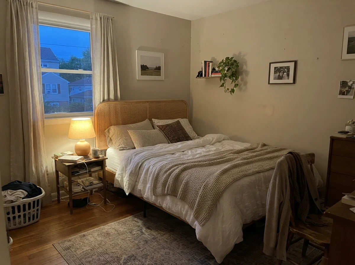 Bedroom in cozy evening lamp light showing warm tones on Baby Fawn walls.