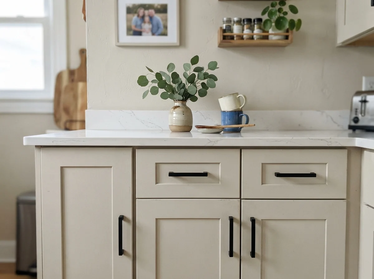Close-up of Baby Fawn shaker cabinet doors with matte black handles and quartz counter.