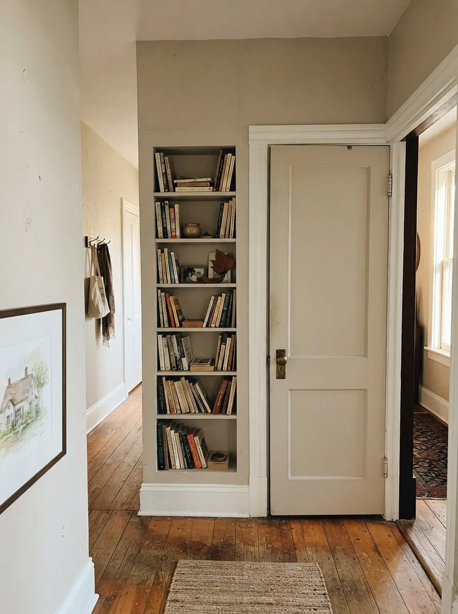 Older hallway featuring Baby Fawn painted interior door and built-in bookshelf against cream walls.