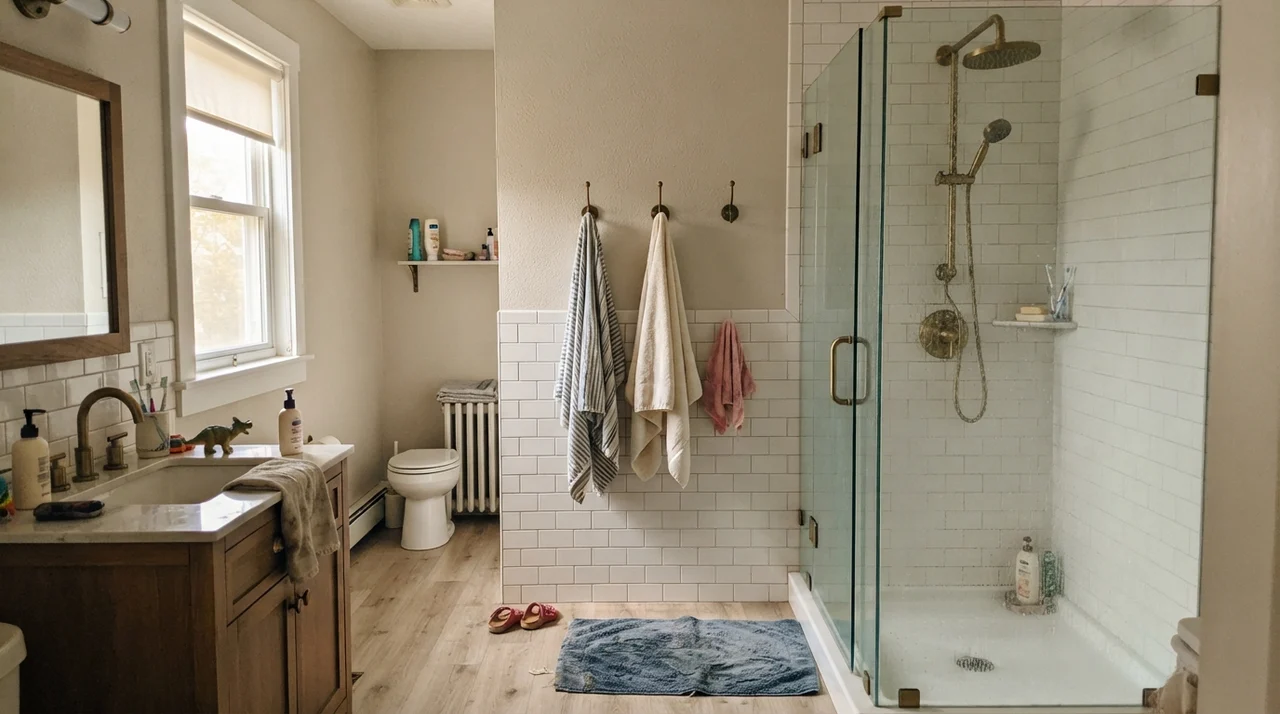 Family bathroom with upper walls painted in Baby Fawn above white subway wainscot with brass fixtures.