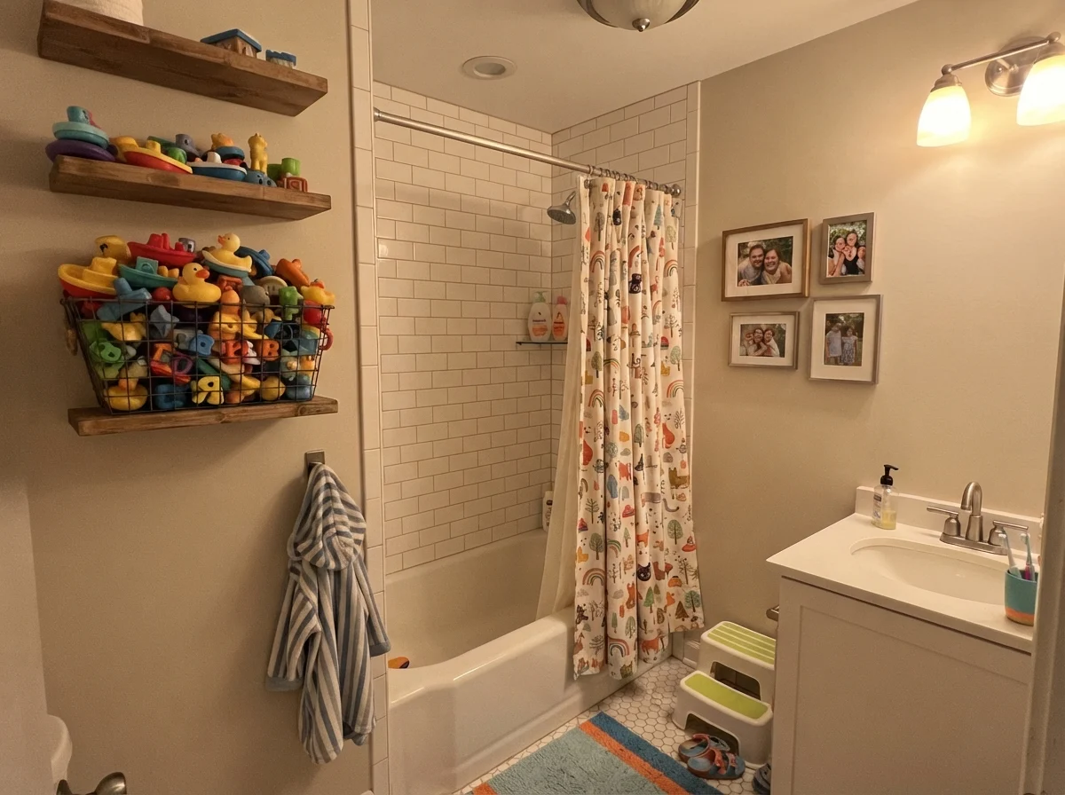 Kids' bathroom with Baby Fawn walls above white subway tile with bath toys and family photos.