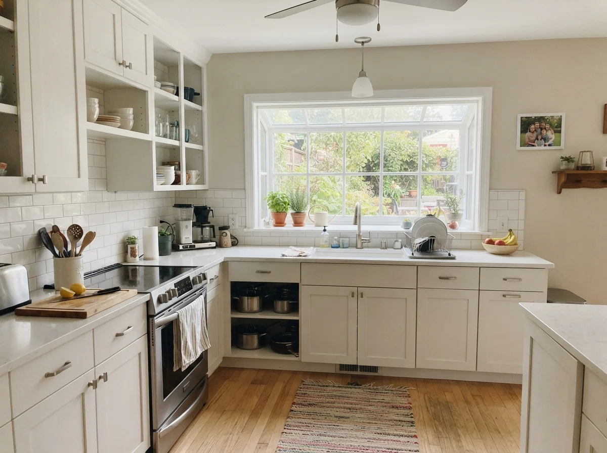 Kitchen shaker cabinets painted Baby Fawn with white counters and subway tile backsplash.