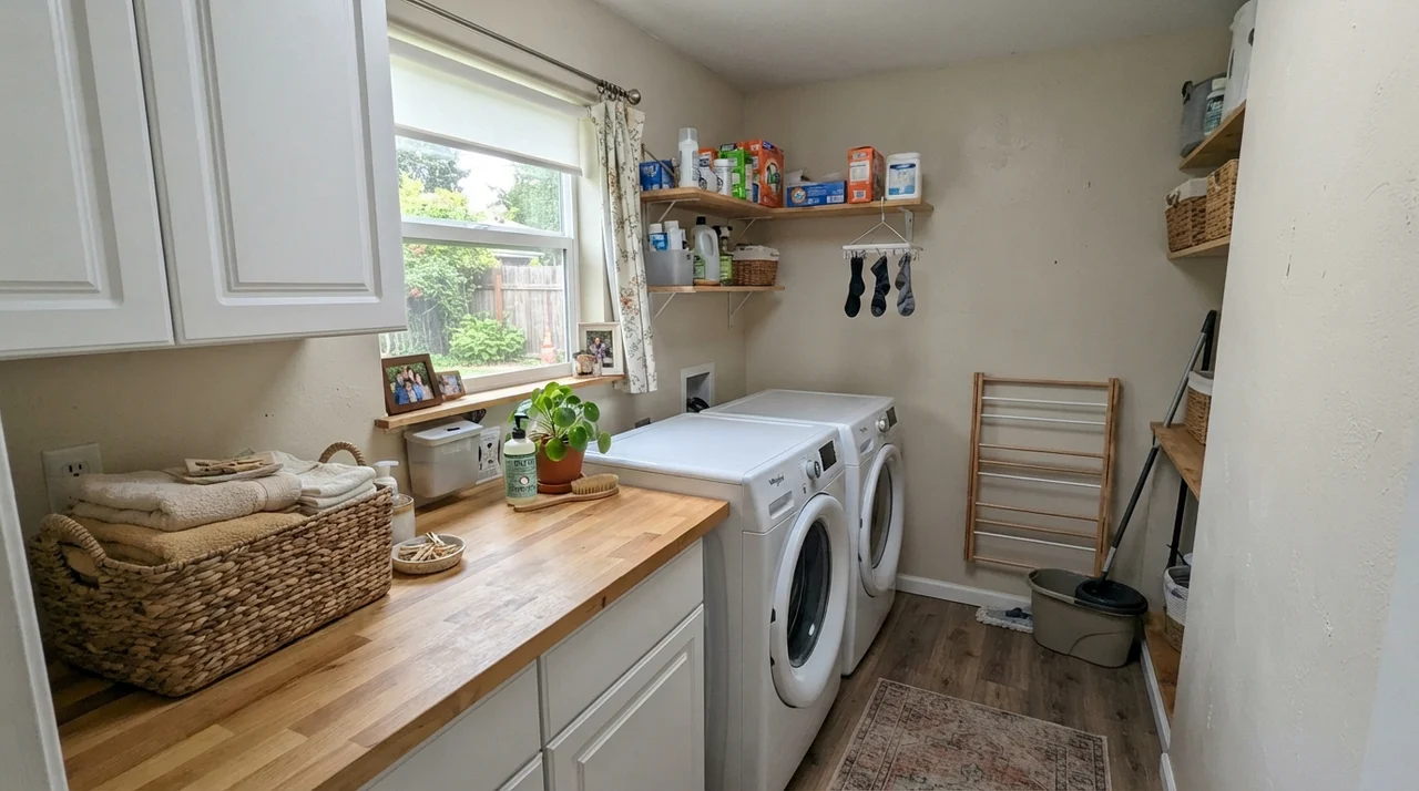 Bright laundry room with Baby Fawn walls, butcher block counter, and washer dryer.