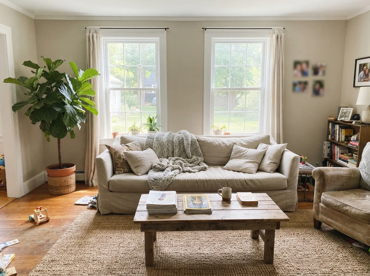 Sunlit living room with painted Baby Fawn walls, linen sofa, and wood coffee table.