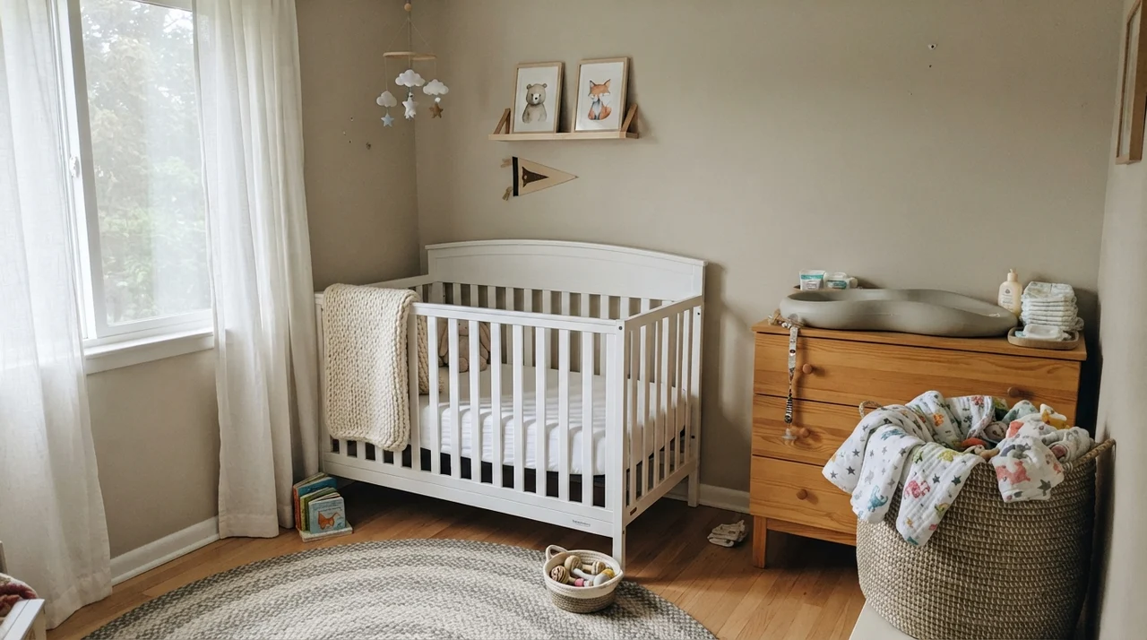 Bright nursery with Baby Fawn walls, white crib, and light wood changing table.