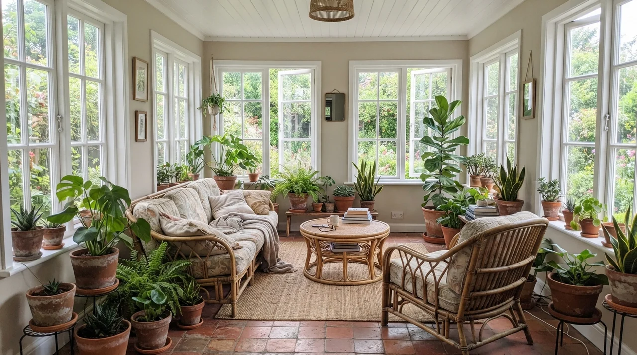 Bright sunroom with Baby Fawn walls between white windows, rattan furniture, and plants.