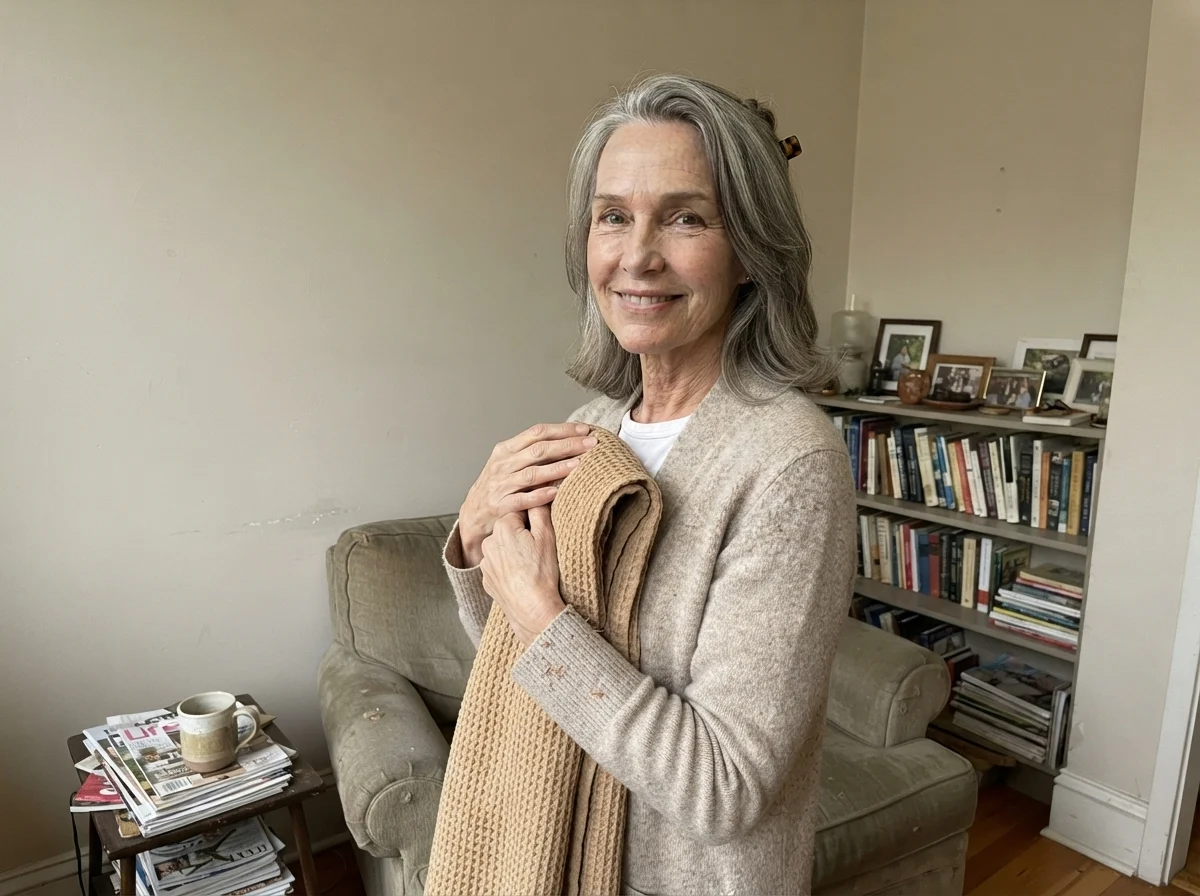 Susan Hartley folding a waffle-weave linen throw against Baby Fawn painted walls.